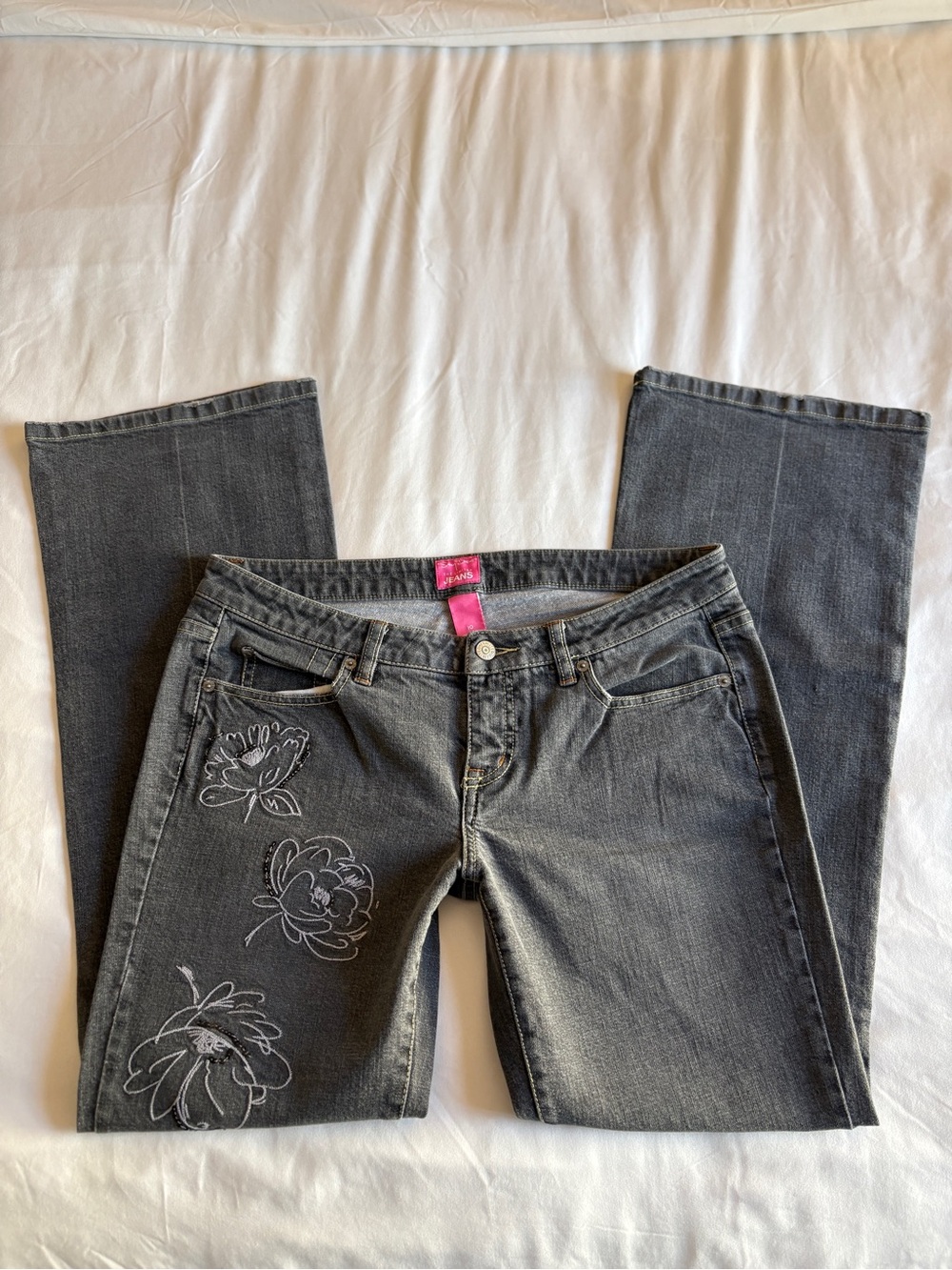 Sexy Drew Grey Floral Embroidered Beaded Grunge Edgy Romantic Bootcut Y2K Jeans